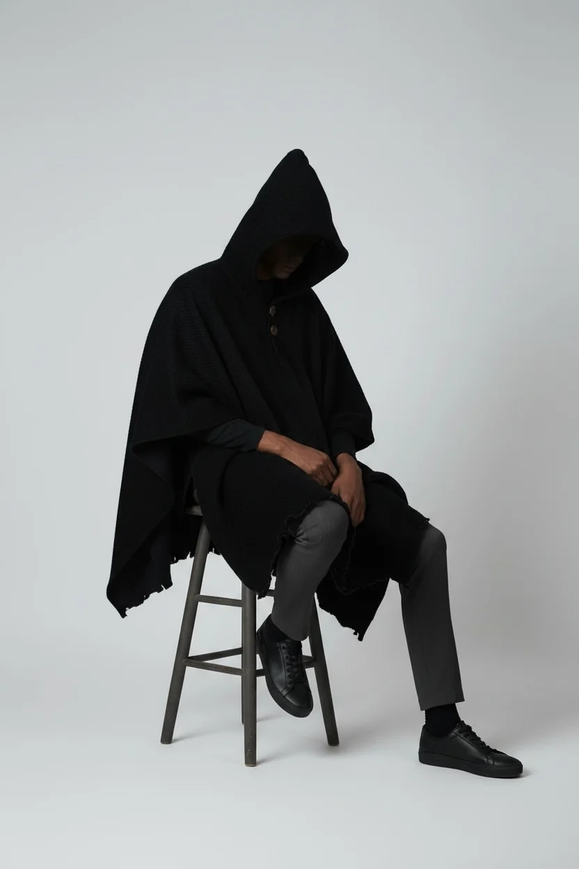 Poncho Andino Negro Lana Oveja - PREMIUM - Imagen 3