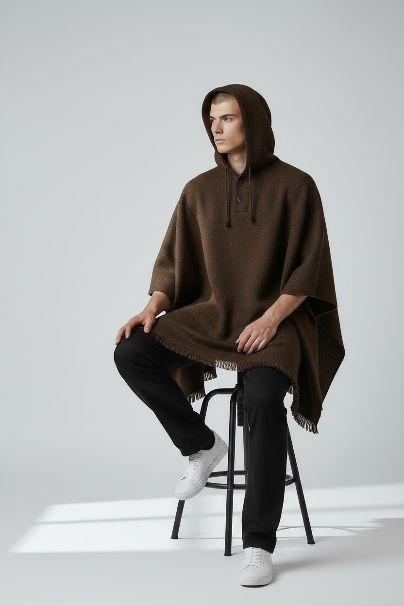 Poncho Andino Negro Lana Oveja Café - PREMIUM - Imagen 2